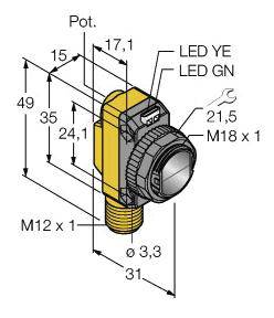 Diagramm eines elektrischen Bauteils mit Maßen in mm: 49 Höhe, 31 Breite. Beschriftungen für LED-Anzeigen und Gewinde M18 x 1, M12 x 1.