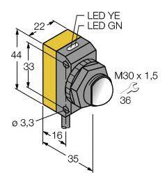 Technische Zeichnung eines Druckknopfschalters mit Abmessungen: 44 mm hoch, 36 mm breit, M30-Gewinde, LED-Anzeige oben.