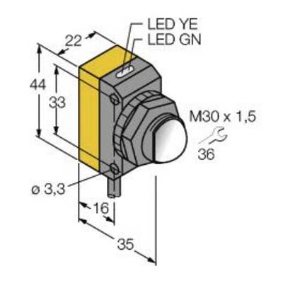 Technische Zeichnung eines Druckknopfschalters mit Abmessungen: 44 mm hoch, 36 mm breit, M30-Gewinde, LED-Anzeige oben.