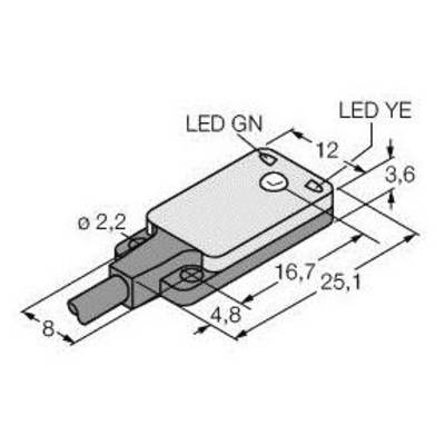 Technische Zeichnung eines rechteckigen Bauteils mit Maßen: 12x25,1mm. Zwei LEDs (GN und YE) und Kabelanschluss dargestellt.