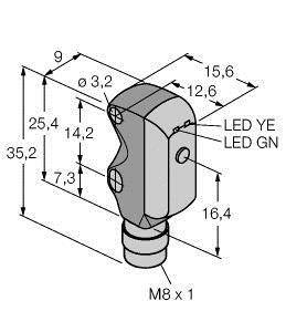 Technische Zeichnung eines zylindrischen Sensors mit Maßen. LEDs sind mit 'LED YE' und 'LED GN' beschriftet. Maße in Millimetern.