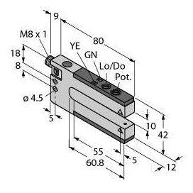 Technische Zeichnung eines Sensors mit Abmessungen und Details: M8 x 1 Gewinde, Länge 80 mm, Breite 10 mm, Höhe 42 mm, Öffnungen und Anschlüsse markiert.