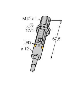 Eine technische Zeichnung eines Sensors, der 67,5 mm lang ist, mit M12 x 1 Gewinde, LED-Anzeige und Schlüsselweite 17/4 mm.