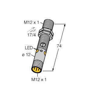 Technische Zeichnung eines zylindrischen Steckverbinders mit M12 x 1 Gewinde. Länge 74 mm. LED und Schraubenschlüsselgröße 17/4 angegeben.