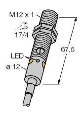 Ein technisches Diagramm eines zylindrischen Sensors mit M12-Gewinde und LED-Anzeige. Maße: 67,5 mm Länge, 12 mm Durchmesser.