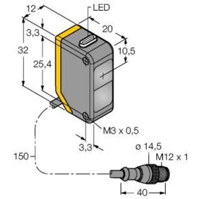 Technische Zeichnung eines rechteckigen Sensors mit LED-Anzeige und den Maßen: 32x20x50 mm. Steckverbindung unten, Gewinde M3 x 0,5.