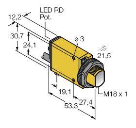 Technische Zeichnung eines rechteckigen, gelben Schalters mit Potentiometer und LED-Anzeige. Enthält Maße in Millimetern.