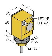 Technische Zeichnung eines gelben Sensors mit LEDs und M18 Gewinde. Maße: 35x25x30 mm. Zeigt Befestigung und Anschlussdetails.