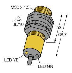 Diagramm eines zylindrischen Sensors mit Gewinde M30 x 1,5, Höhe 68,7 mm. Zwei LED-Anzeigen: 'LED YE' und 'LED GN'. Schlüsselweite: 36/10.