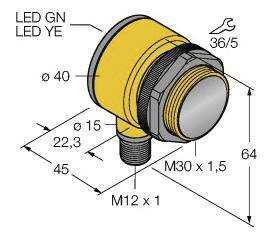 Zeichnung eines zylinderförmigen Geräts mit Gewinden, Abmessungen und Beschriftungen: 'LED GN' und 'LED YE'. Maße: Ø40, Ø15, 22,3, 64, 45, M30 x 1,5, M12 x 1.