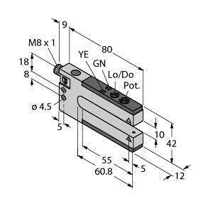 Technische Zeichnung eines Sensors mit Maßen in Millimetern. Hauptmerkmale: M8 x 1 Gewinde, Gesamtlänge 80 mm, Breite 18 mm, Höhe 42 mm.