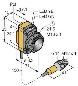 Technische Zeichnung eines zylindrischen Sensors mit Anschlussdetails und Abmessungen. Zeigt einen LED-Bereich und die Anschlüsse.