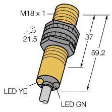 Abbildung eines zylindrischen Steckverbinders mit den Maßen 59,2 mm Länge und 21,5 mm Durchmesser. Bezeichnungen: 'LED YE', 'LED GN'.