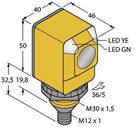 Ein rechteckiger Sensor in Gelb, Maße: 50x46x40 mm. LED-Anzeigen 'LED YE' und 'LED GN' oben. Montageschrauben M30x1,5 und M12x1.