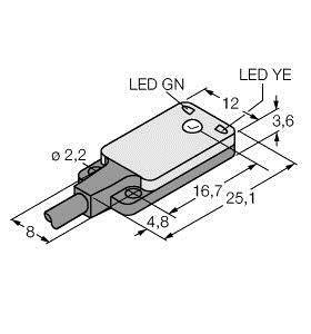 Technische Zeichnung eines rechteckigen Schalters mit LED-Anzeigen 'GN' und 'YE'. Maße: 12x25,1 mm mit Anschlussdetails.