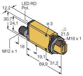 Technische Zeichnung eines rechteckigen Sensors mit Abmessungen: Länge 69,9 mm, Breite 12,2 mm, Gewinde M12 x 1 und M18 x 1.