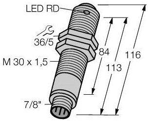 Diagramm eines zylindrischen Objekts mit Gewinde, Beschriftungen: 'LED RD', Maße: 116 mm Länge, 84 mm, 36/5, 7/8", M 30 x 1,5.