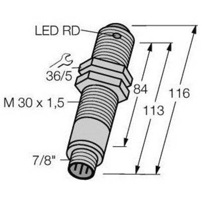 Diagramm eines zylindrischen Objekts mit Gewinde, Beschriftungen: 'LED RD', Maße: 116 mm Länge, 84 mm, 36/5, 7/8", M 30 x 1,5.