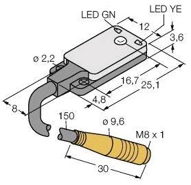 Technische Zeichnung eines rechteckigen Sensors mit LED-Indikatoren ('LED GN' und 'LED YE') und Abmessungen in Millimetern.