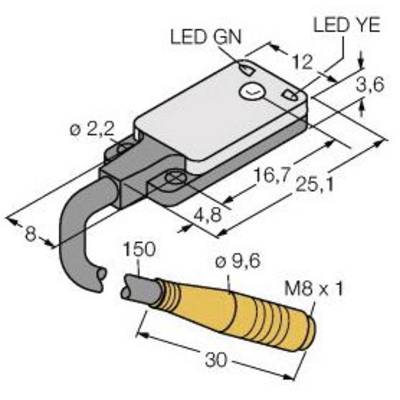Technische Zeichnung eines rechteckigen Sensors mit LED-Indikatoren ('LED GN' und 'LED YE') und Abmessungen in Millimetern.