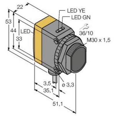 Zeichnung eines Sensors mit Gewindeanschluss 'M30 x 1,5' und Maßen 22mm Breite, 53mm Höhe, 51,1mm Tiefe. LEDs 'YE' und 'GN' markiert.