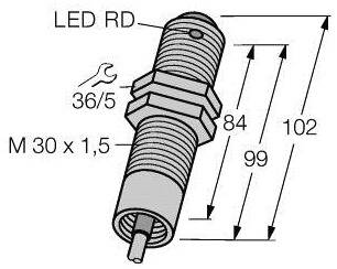 Technische Zeichnung eines zylindrischen Bauteils mit der Aufschrift 'LED RD'. Maße: Länge 102 mm, Breite M 30 x 1,5.