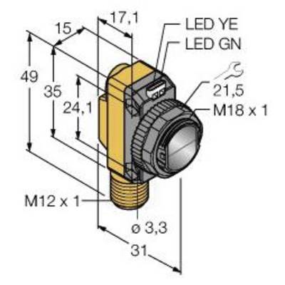 Diagramm eines zylindrischen Sensors mit Abmessungen, Anschlussbezeichnungen 'M12 x 1' und 'M18 x 1', und Beschriftungen für LEDs.