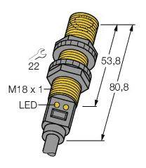 Diagramm eines Sensorsteckers mit Gewinde. Maße: 53,8 mm Breite, 80,8 mm Höhe, M18 x 1 Gewinde, LED-Anzeige und ein 22 mm Schraubenschlüssel-Symbol.