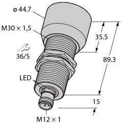 Technische Zeichnung eines metrischen Sensors mit LED, Gewinde M30 x 1,5, Schlüsselgröße 36/5, Gesamtlänge 89,3 mm.