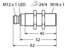 'Zeichnung eines zylindrischen Objekts mit Gewinden und Maßen: M12 x 1, M18 x 1 und Gesamtlänge 62 mm. Ein LED ist integriert.'