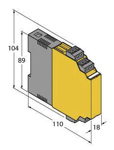 Elektrisches Gerät-Modul, gelb und grau, mit Maßen: 104mm Höhe, 89mm Breite, 110mm Tiefe, 18mm Tiefe Vorderseite.