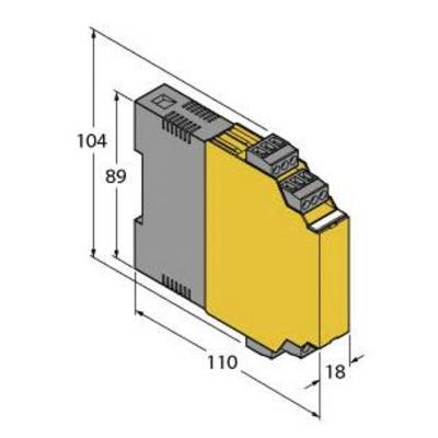 Elektrisches Gerät-Modul, gelb und grau, mit Maßen: 104mm Höhe, 89mm Breite, 110mm Tiefe, 18mm Tiefe Vorderseite.