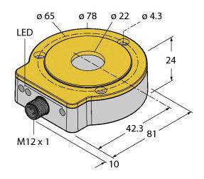 Technische Zeichnung eines Sensors mit einem Durchmesser von 78 mm. Markiert sind Abmessungen, LED-Position, M12 x 1 Anschluss.