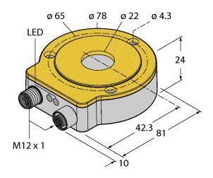 Diagramm eines runden Sensors mit LED-Anzeige, einem zentralen Loch, und verschiedenen abgemessenen Durchmessern. Maße in Millimetern.