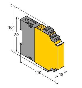 Abbildung eines gelben und grauen Schaltelektronikgeräts mit den Maßen 104 mm x 110 mm x 18 mm, Aufbauskizze mit Anschlüssen oben.