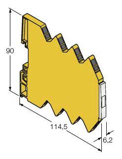 Gelbes mechanisches Bauteil mit zickzack-förmiger Oberkante, Höhe 90 mm, Breite 114,5 mm, Dicke 6,2 mm, technische Zeichnung.
