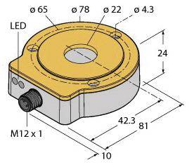 Technische Zeichnung eines runden Sensors mit Abmessungen: Durchmesser 78 mm, Höhe 10 mm. Anschluss M12 x 1, LED-Anzeige und Bohrlochdetails.
