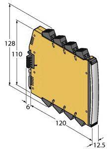 Technische Zeichnung eines elektronischen Geräts mit Maßen: Höhe 128 mm, Breite 120 mm, Tiefe 12,5 mm. Seitenansicht zeigt Anschlüsse.