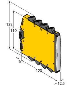 Gelbes elektronisches Gerät mit schwarzen Steckverbindungen. Maße: 128 mm x 120 mm x 12,5 mm. Seitenansicht mit Anschlussdetails.