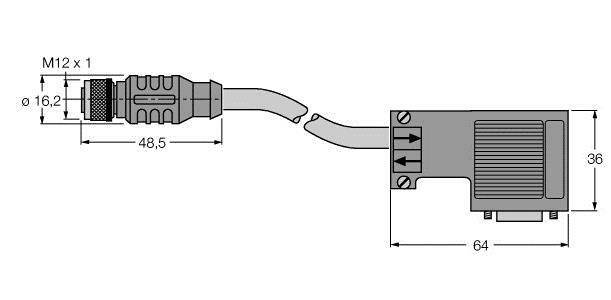 'Diagramm eines mechanischen Steckers mit Kabel. Maße: 48,5 mm Länge, 16,2 mm Durchmesser. Stecker mit M12 x 1-Gewinde, Gehäuse 64 mm x 36 mm.'