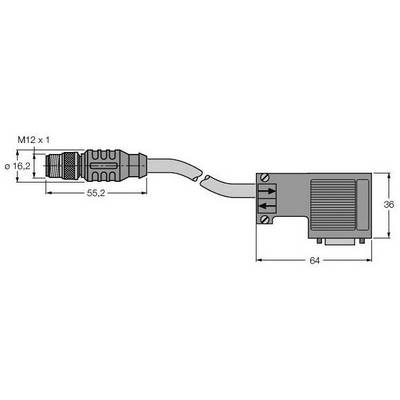 Technische Zeichnung eines Steckers mit Maßen: M12 x 1, Länge 55,2 mm, Breite 64 mm, Höhe 36 mm. Draufsicht zeigt Steckverbindung.
