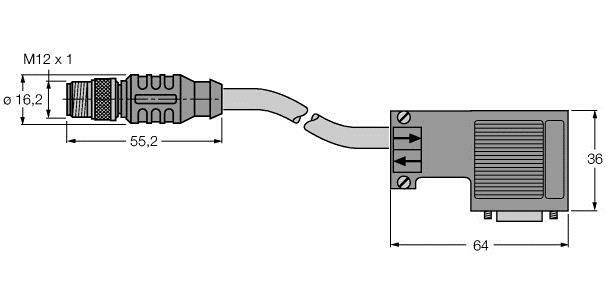 Steckverbindung mit M12 x 1-Gewinde links; Kabelverbindung zu einem rechteckigen Stecker rechts, Maße in Millimetern.