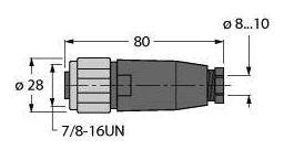 Technische Zeichnung eines Adapters mit Maßen: Länge 80 mm, Durchmesser 28 mm, Gewinde 7/8-16UN, Anschlüsse 8-10 mm.