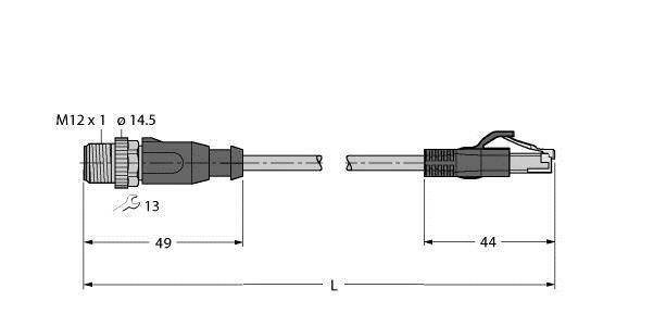 Steckerverbindung Abmessungen: links M12×1, Durchmesser 14,5 mm, rechts Länge 44 mm, Gesamtlänge (L) 93 mm, Kabeldurchmesser 13 mm.