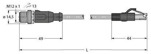 Steckerzeichnung: Links M12 x 1 Stecker mit Ø 14,5 mm, rechts RJ45-Stecker. Längen: links 49 mm, rechts 44 mm.