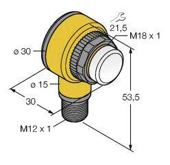 Technische Zeichnung eines gelben Winkelsensors mit den Maßen: Durchmesser 30 mm, 15 mm, Länge 53,5 mm. Schraubengrößen M18 x 1 und M12 x 1.