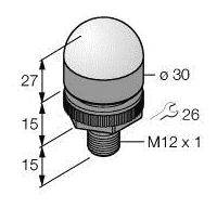 Abbildung eines runden Schalters mit den Maßen: Durchmesser 30 mm, Höhe 27 mm, Schlüsselweite 26 mm, Gewinde M12 x 1.