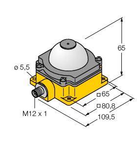 Technische Zeichnung eines gelben Sensorgehäuses mit Maßen: Höhe 65 mm, Breite 65 mm, Tiefe 109,5 mm. Anschluss M12 x 1.