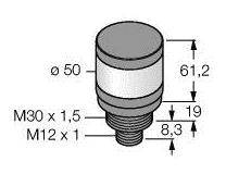 Abbildung eines zylindrischen Teils mit Maßen: Durchmesser 50 mm, Höhe 61,2 mm, M30 x 1,5 Gewinde, M12 x 1 Gewinde für Montage.