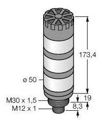 Technische Zeichnung eines zylindrischen Objekts mit Maßen: Durchmesser 50 mm, Gesamthöhe 173,4 mm, Gewinde M30 x 1,5.